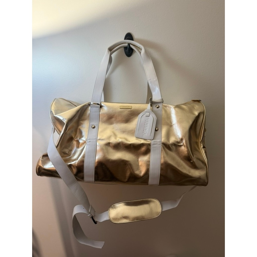 Versace Parfums Gold Metallic Duffel Bag White Trim Travel Weekend Bag